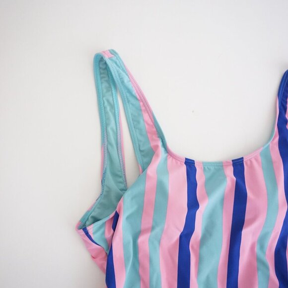 ENVYA Swimwear Pink Teal Stripe One Piece High-Leg Low Scoop Back Swimsuit M - Picture 7 of 12